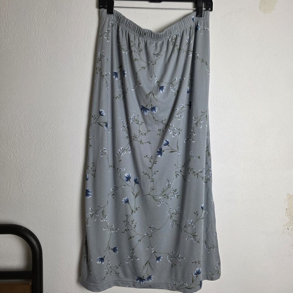 Bentley Plus 1X Skirt Blue/Gray Floral Pull-On Elastic Slit